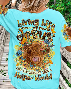 Living Life Somewhere Between Jesus Cow Women's All Over Print Shirt - Tltr2406241