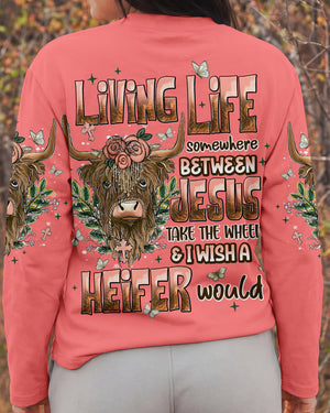 Living Life Somewhere Between Jesus Cow Women's All Over Print Shirt - Tlnt0607261