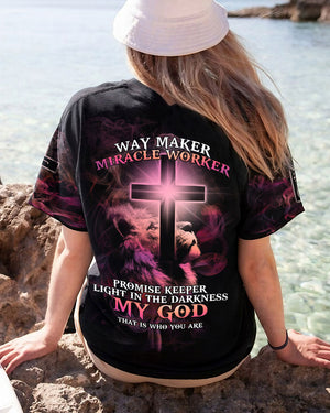 Way Maker Miracle Worker Lion Cross Pink Women's All Over Print Shirt - Tltm2406233