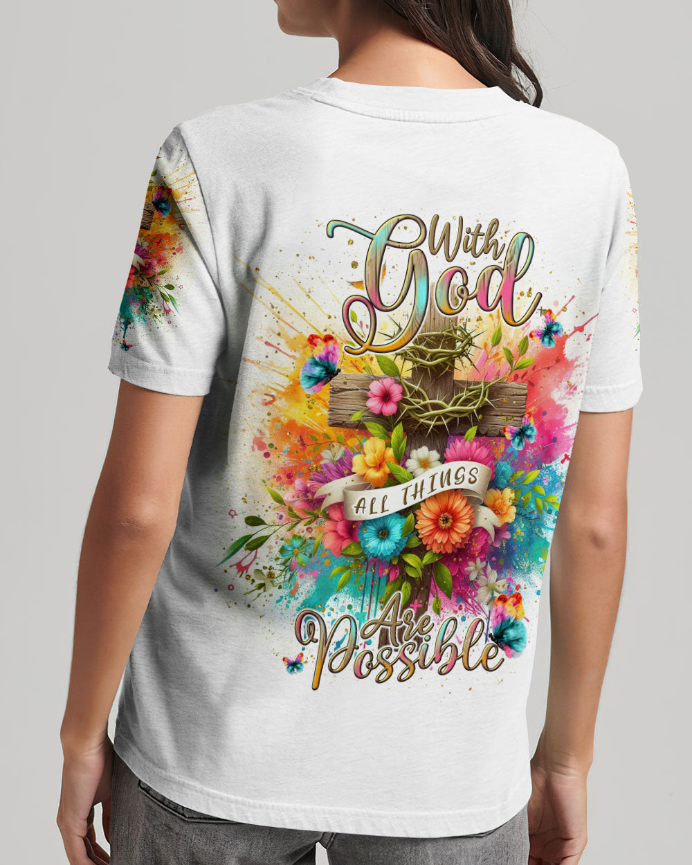 With God All Things Are Possible Flower Cross Women's All Over Print Shirt - Tlnt3105242