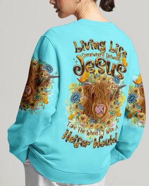 Living Life Somewhere Between Jesus Cow Women's All Over Print Shirt - Tltr2406241