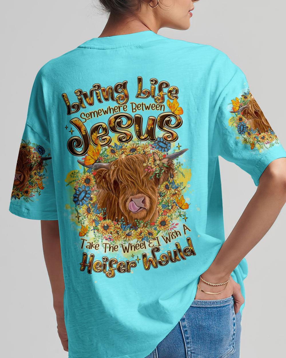 Living Life Somewhere Between Jesus Cow Women's All Over Print Shirt - Tltr2406241