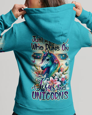 Runs On Jesus And Unicorns Women's All Over Print Shirt - Ty1912231