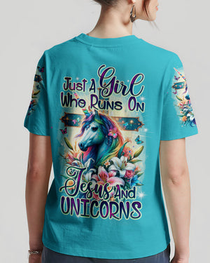 Runs On Jesus And Unicorns Women's All Over Print Shirt - Ty1912231
