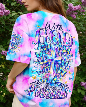 With God All Things Are Possible Cross Butterflies Women's All Over Print Shirt - Tyln2406263
