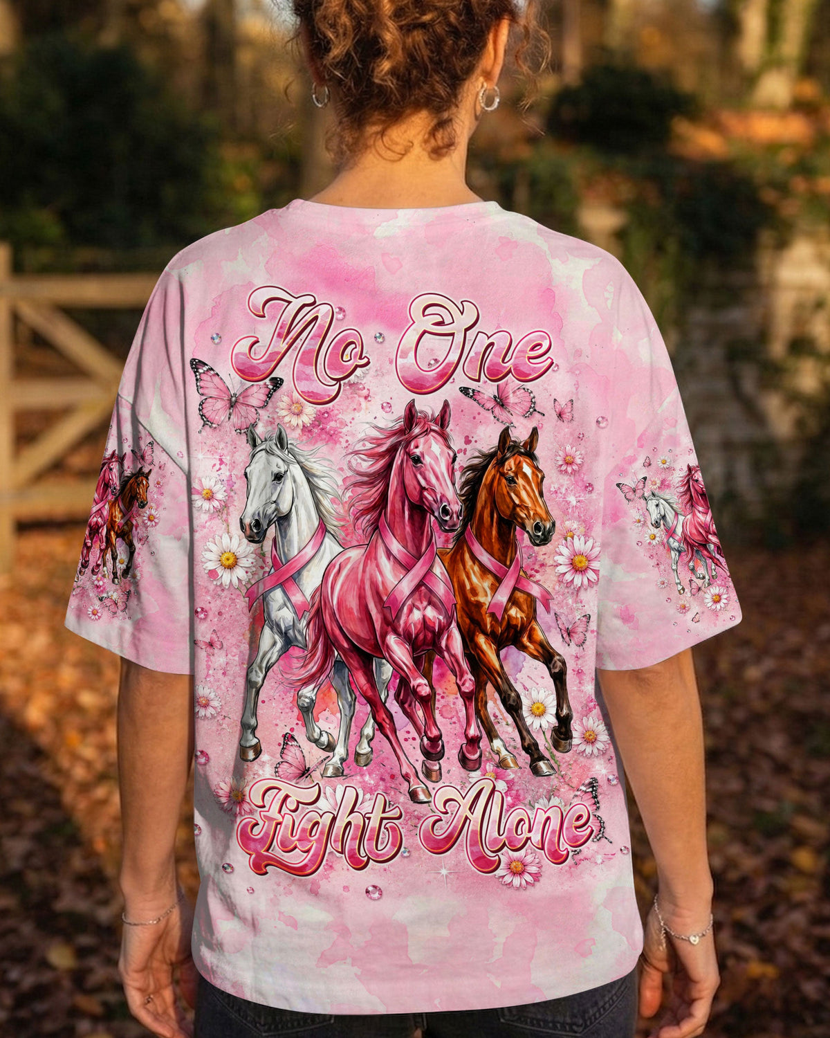 No One Fight Alone Horses Breast Cancer Awareness Women's All Over Print Shirt  - Tltw2306264