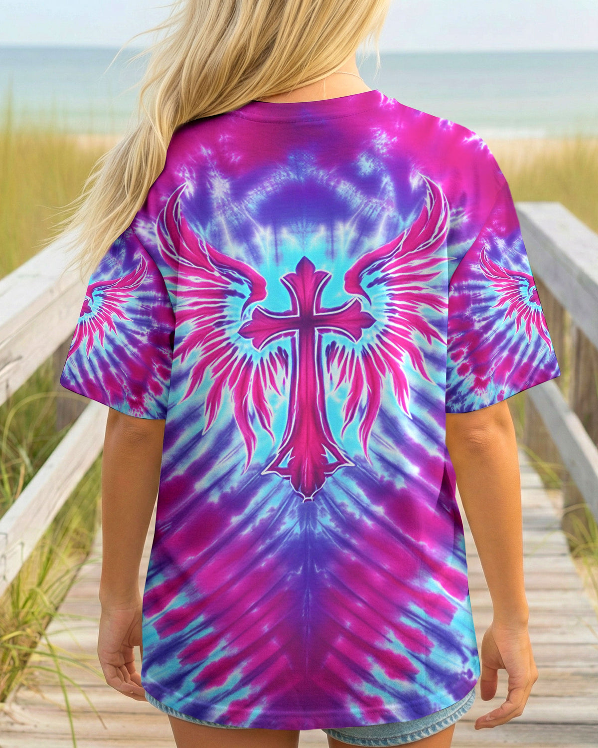 Pink Blue Swirl Cross Wings Women's All Over Print Shirt - Yhhn1401263
