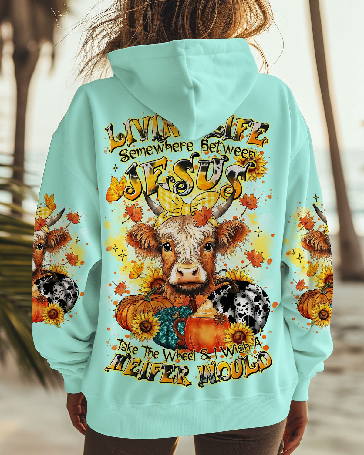 Living Life Somewhere Between Jesus Cow Autumn Women's All Over Print Shirt - Tltr2208242
