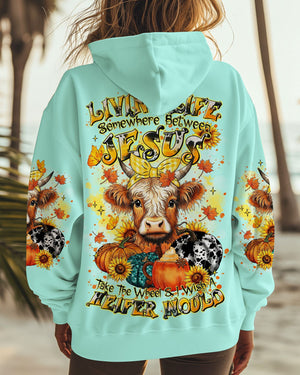 Living Life Somewhere Between Jesus Cow Autumn Women's All Over Print Shirt - Tltr2208242