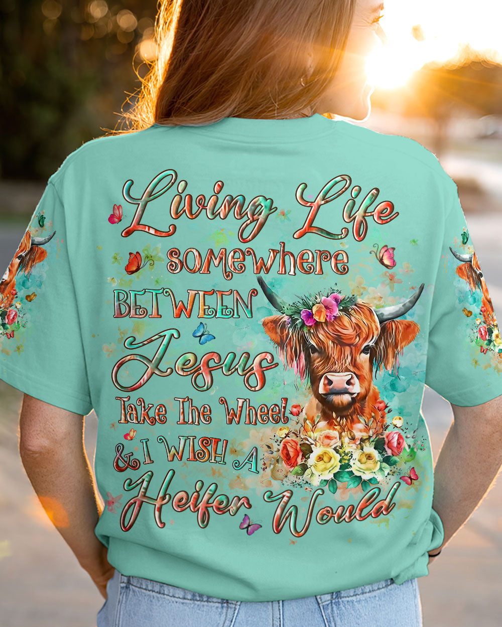 Living Life Somewhere Between Jesus Cow Women's All Over Print Shirt - Yhln2606241