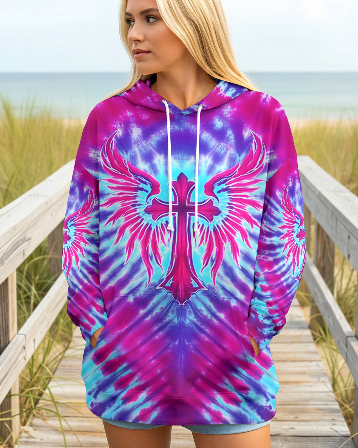Pink Blue Swirl Cross Wings Women's All Over Print Shirt - Yhhn1401263