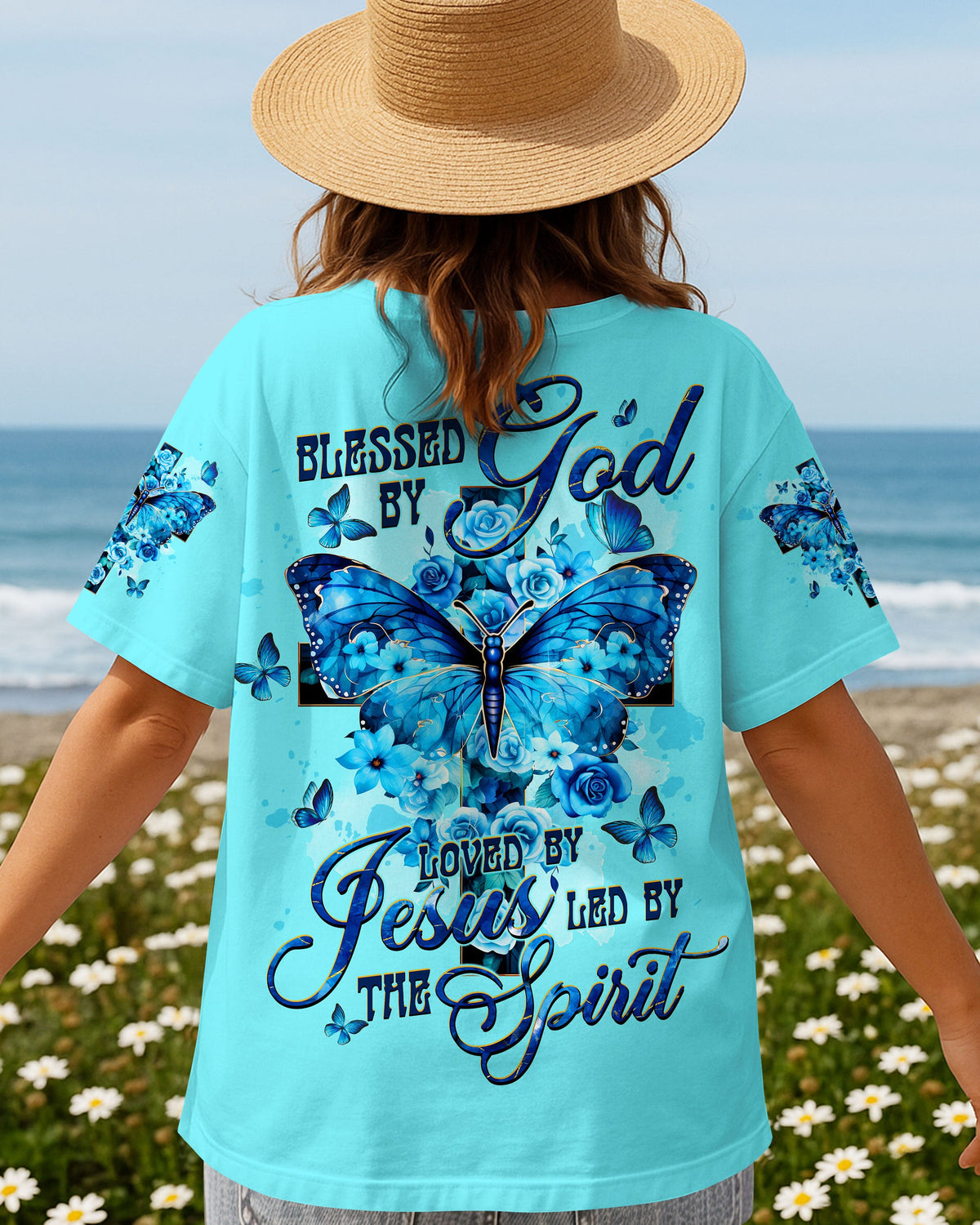 Blessed By God Loved By Jesus Cross Butterfly Women's All Over Print Shirt - Tltw1309251