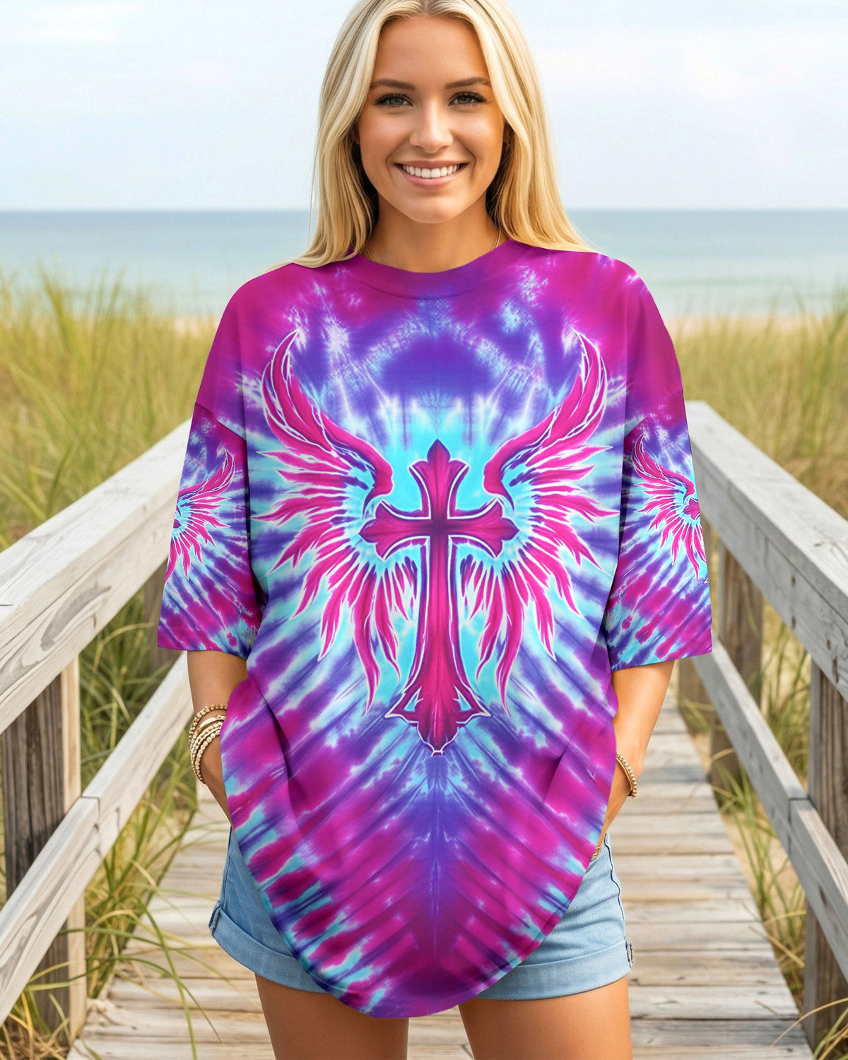 Pink Blue Swirl Cross Wings Women's All Over Print Shirt - Yhhn1401263