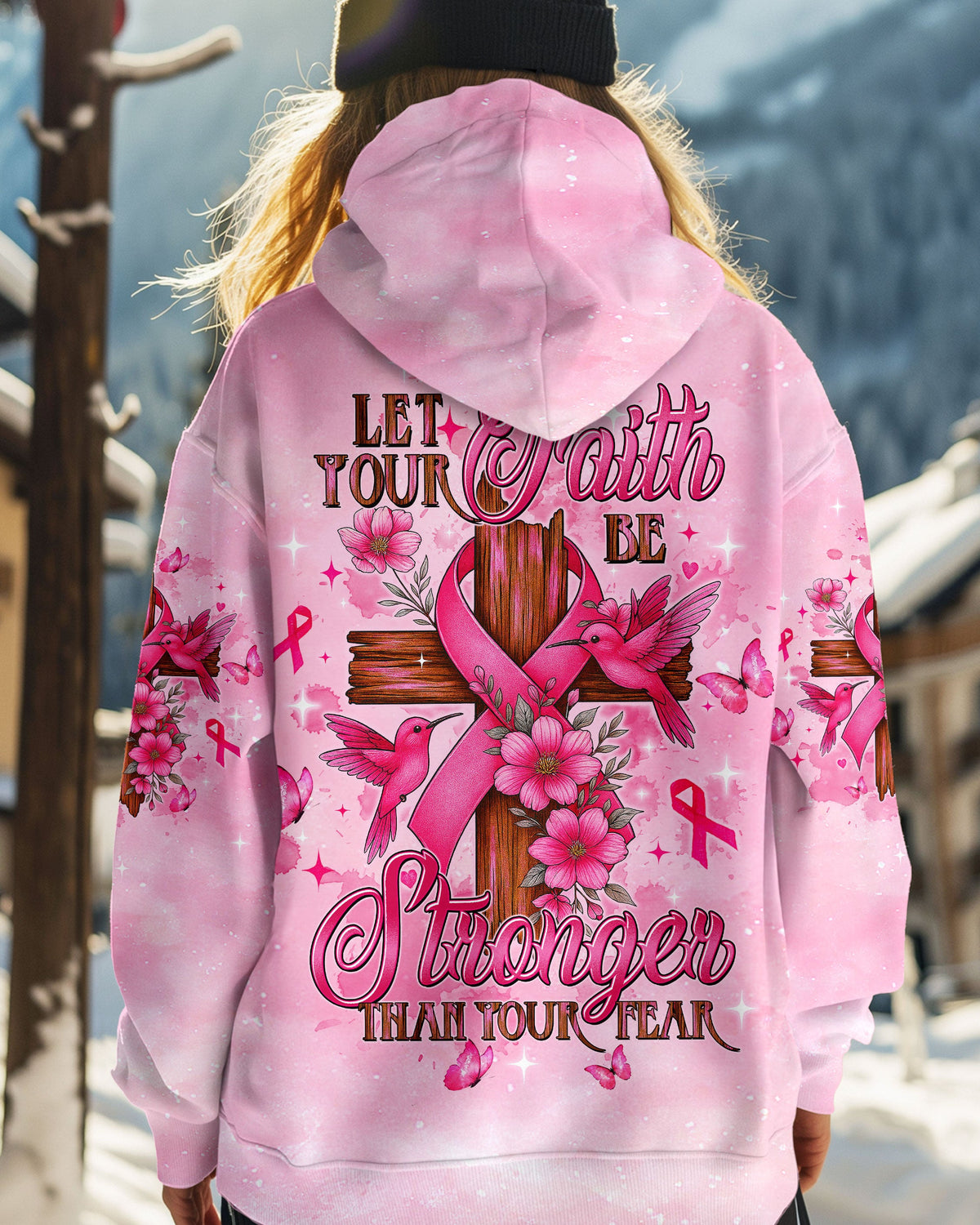 Let Your Faith Be Bigger Than Your Fear Hummingbird Breast Cancer Women's All Over Print Shirt - Tltw1108252