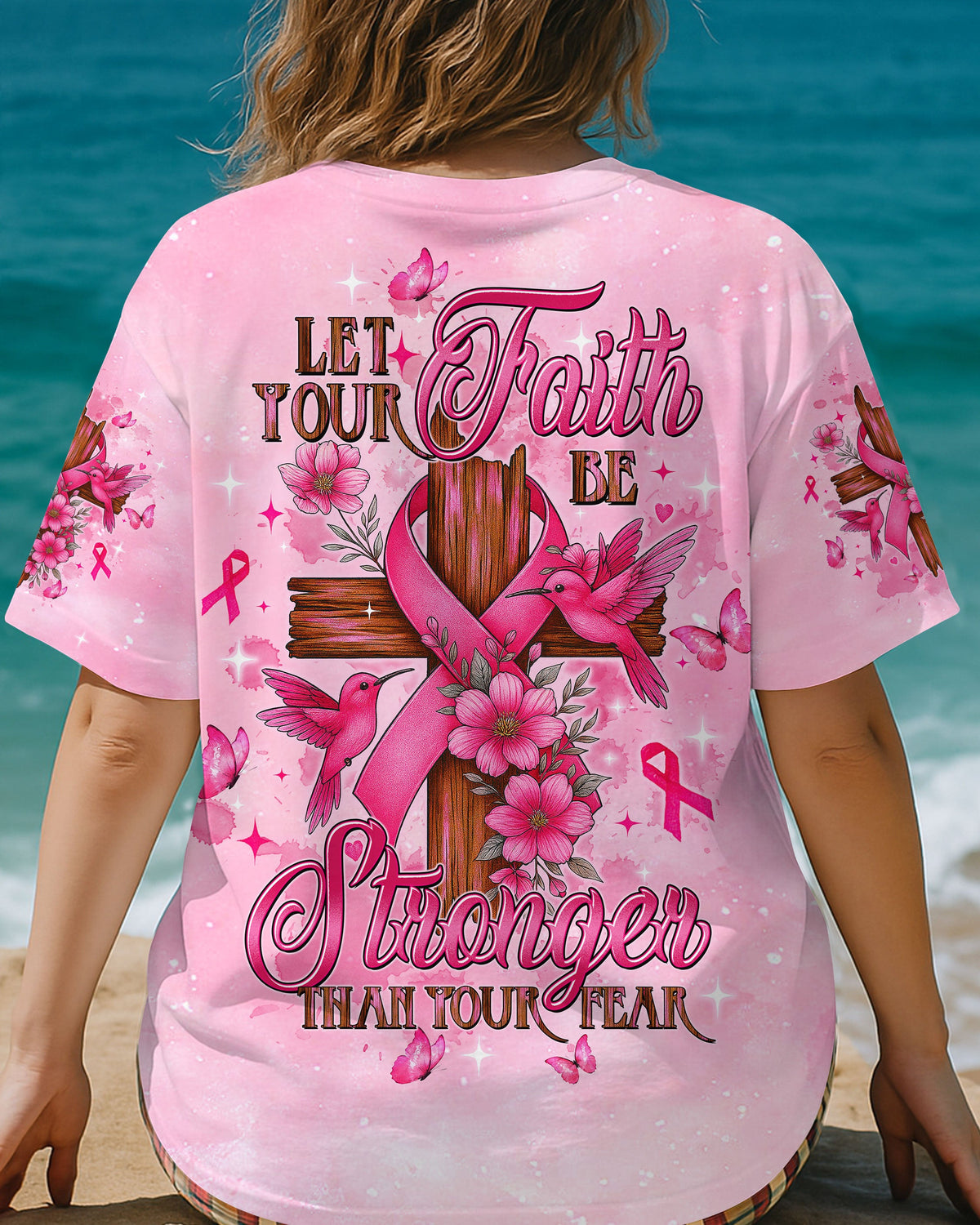Let Your Faith Be Bigger Than Your Fear Hummingbird Breast Cancer Women's All Over Print Shirt - Tltw1108252