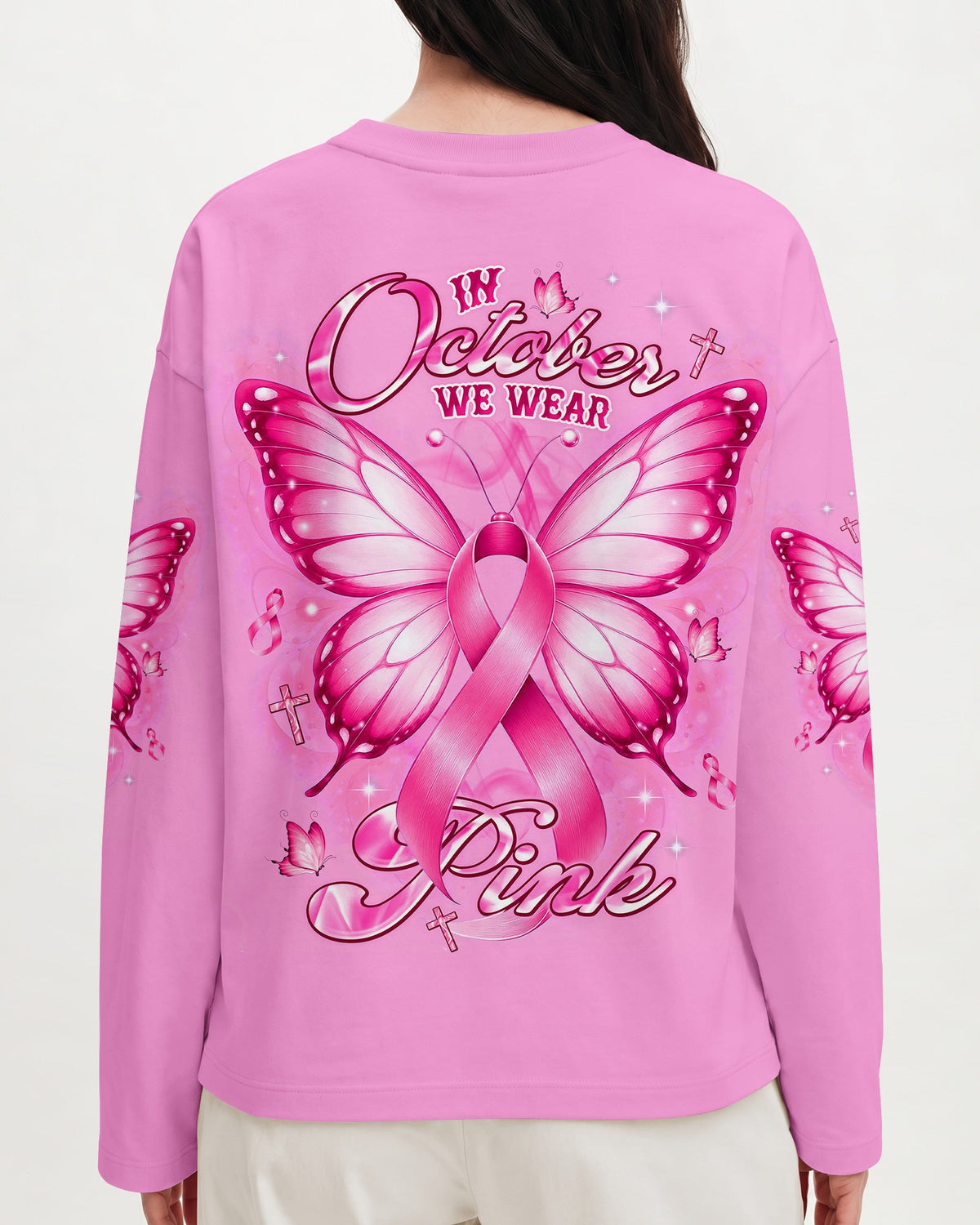 In October We Wear Pink Butterfly Breast Cancer Awareness Women's All Over Print Shirt - Tlnt2107264
