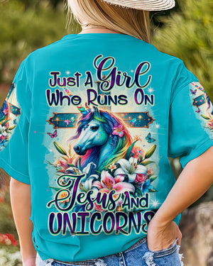 Runs On Jesus And Unicorns Women's All Over Print Shirt - Ty1912231