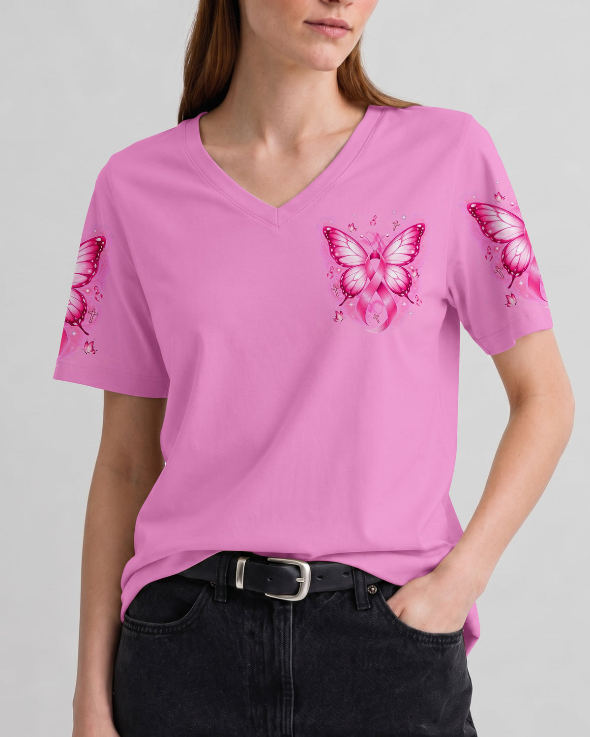 In October We Wear Pink Butterfly Breast Cancer Awareness Women's All Over Print Shirt - Tlnt2107264