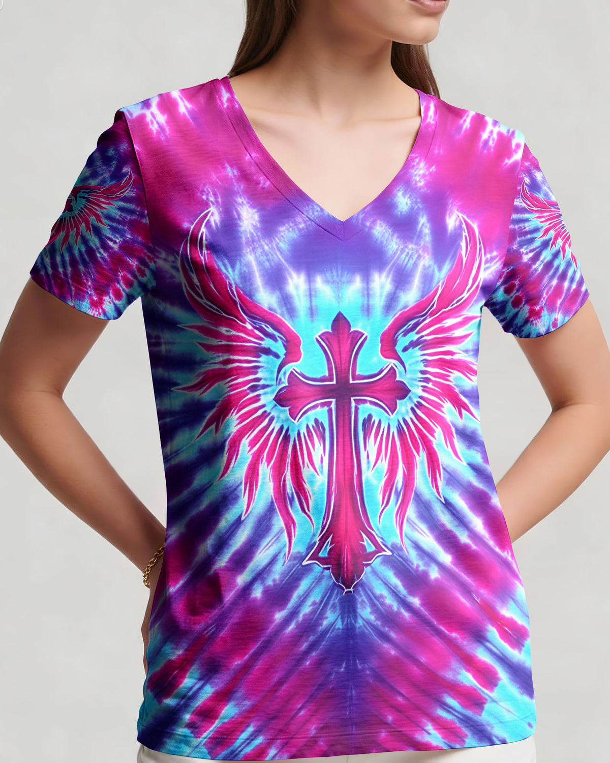 Pink Blue Swirl Cross Wings Women's All Over Print Shirt - Yhhn1401263