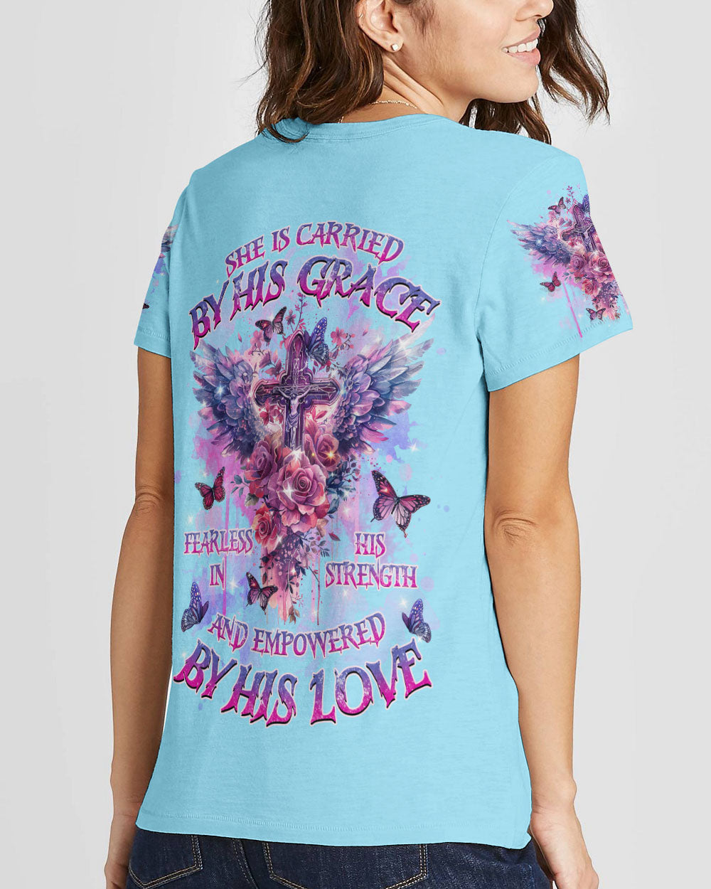 She Is Carried By His Grace Cross Wings Women's All Over Print Shirt - Tlnz0203244