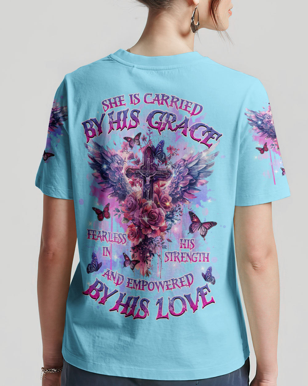She Is Carried By His Grace Cross Wings Women's All Over Print Shirt - Tlnz0203244