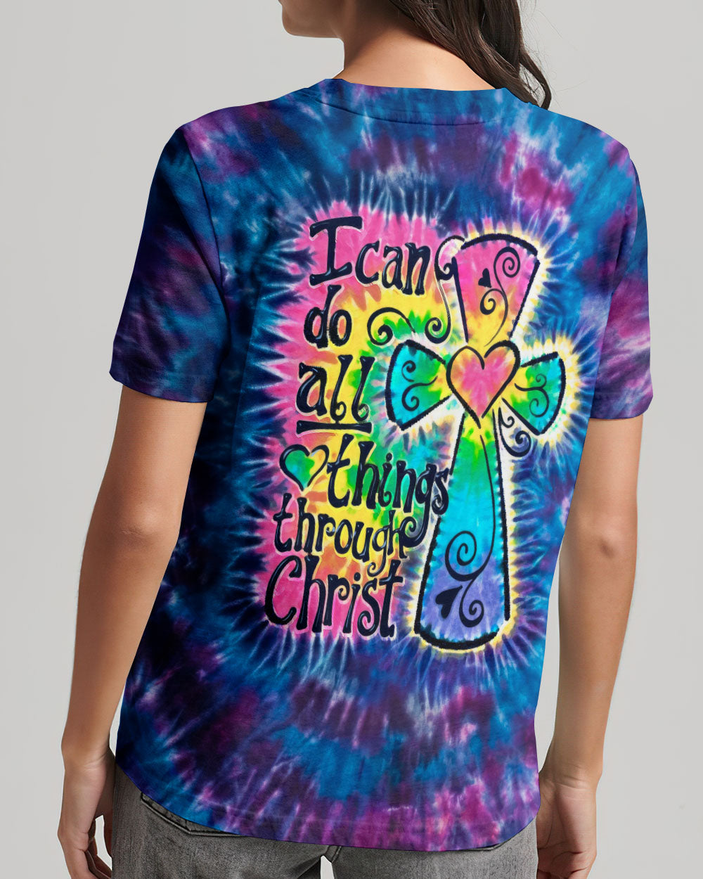 I Can Do All Things Through Christ Colorful Faith Cross Swirl Women's All Over Print Shirt - KM0904263