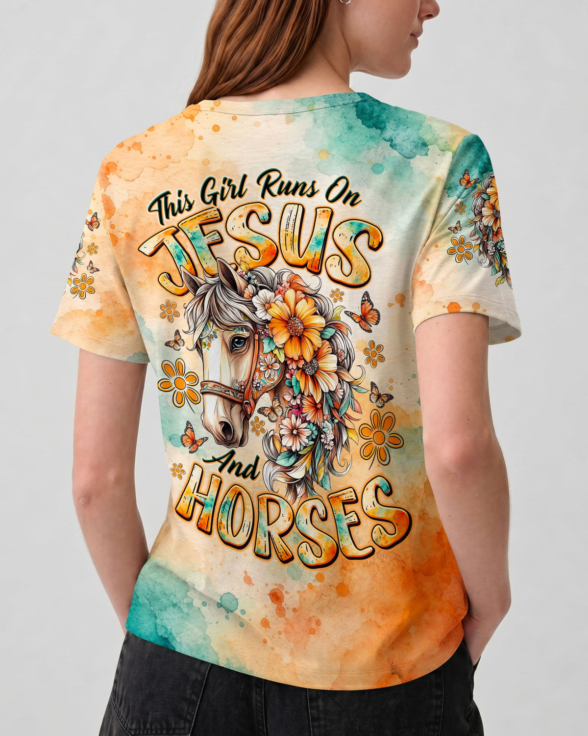 This Girl Runs On Jesus And Horses Women's All Over Print Shirt - Tlno0308264