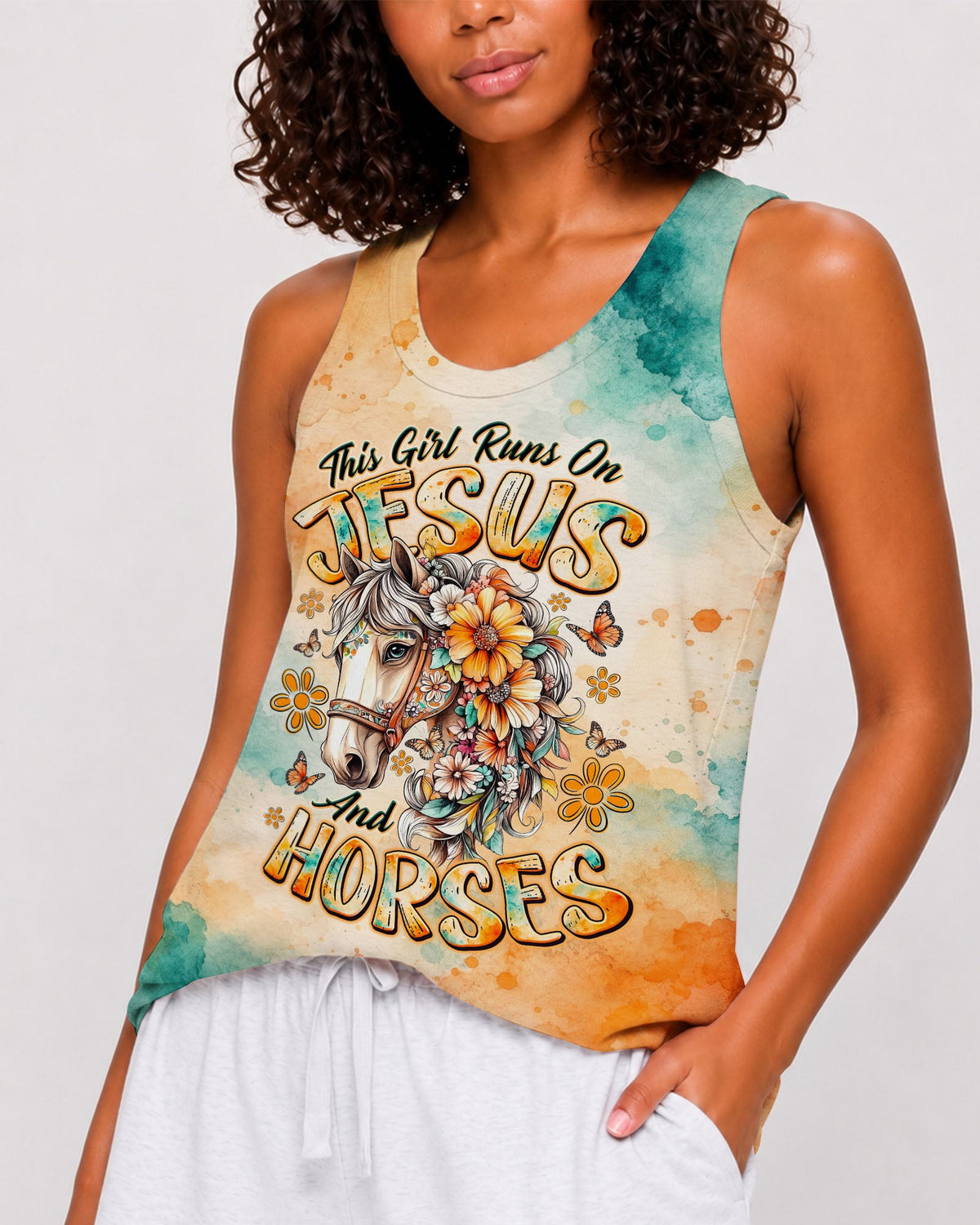 This Girl Runs On Jesus And Horses Women's All Over Print Shirt - Tlno0308264