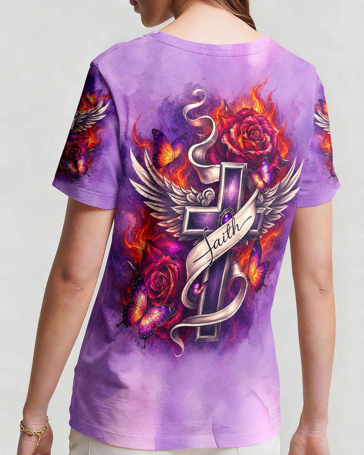 Faith Fire Rose Cross Women's All Over Print Shirt - Tlnt1105264