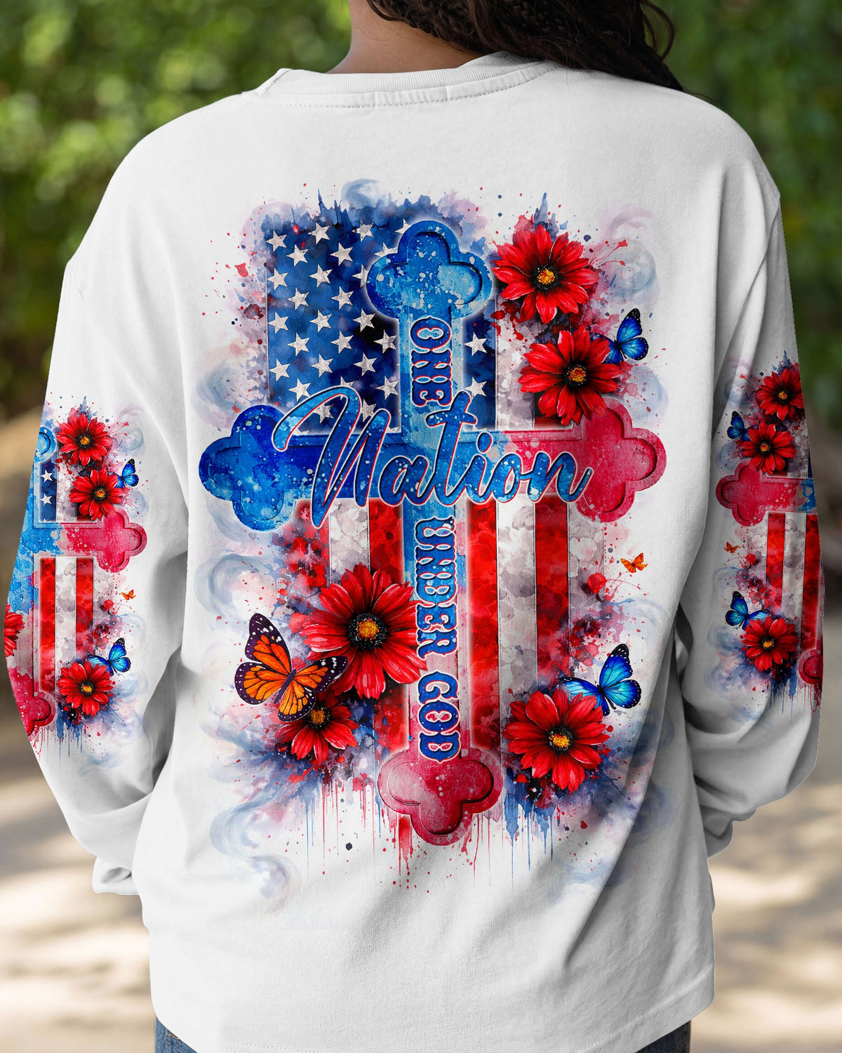 One Nation Under God Floral Flag Women's All Over Print Shirt   - Tlnt1903261
