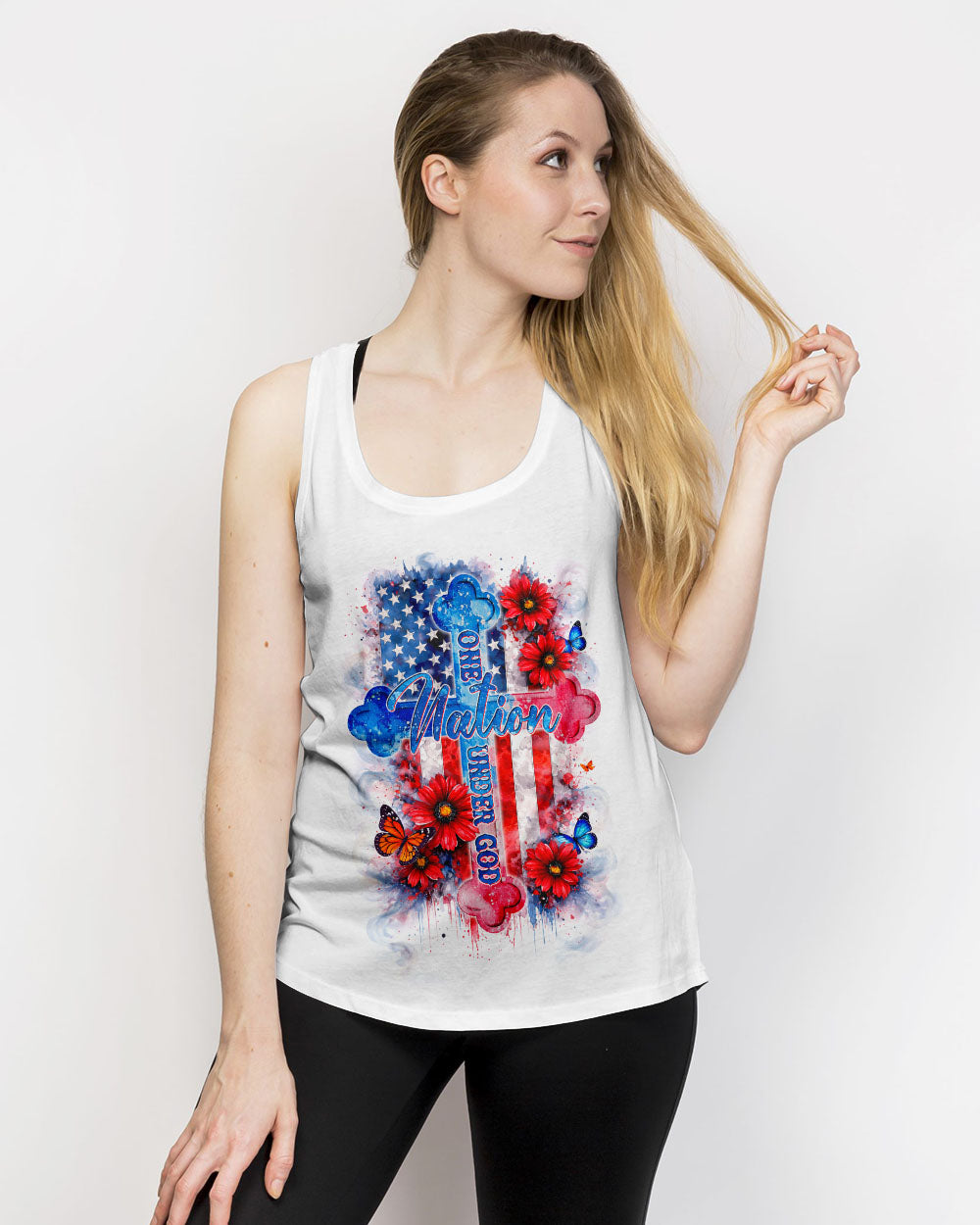 One Nation Under God Floral Flag Women's All Over Print Shirt   - Tlnt1903261