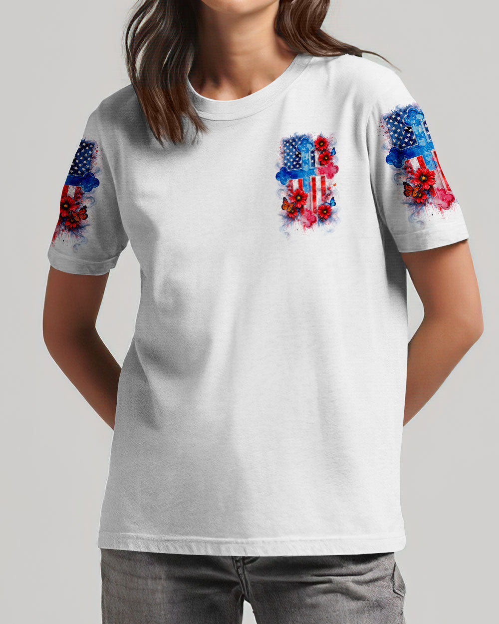 One Nation Under God Floral Flag Women's All Over Print Shirt   - Tlnt1903261