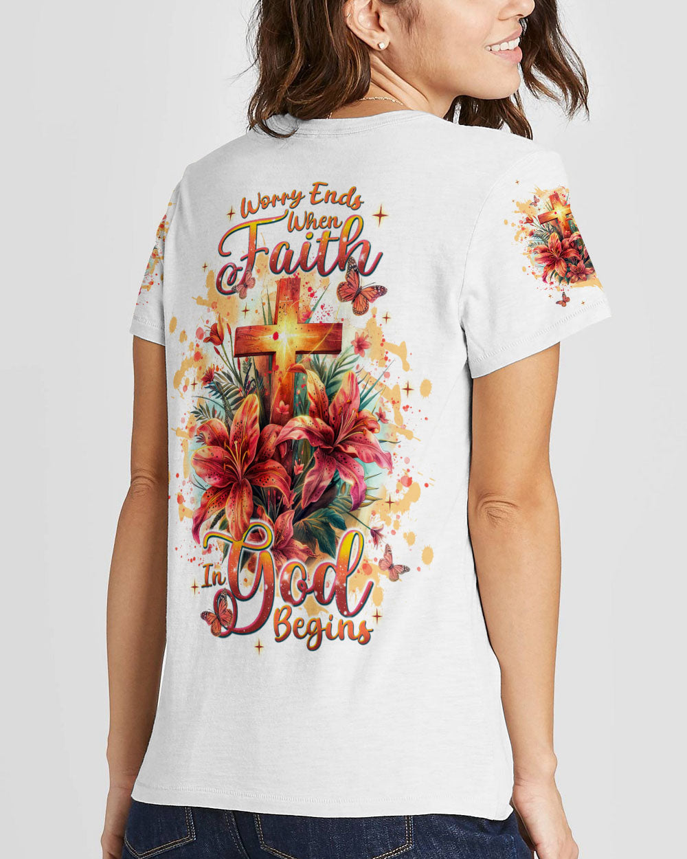 Worry Ends When Faith In God Begins Lilies Women's All Over Print Shirt - Tlnt2204244