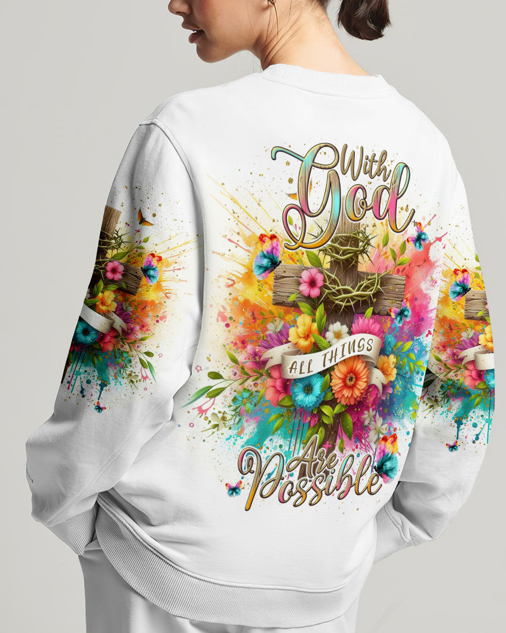 With God All Things Are Possible Flower Cross Women's All Over Print Shirt - Tlnt3105242