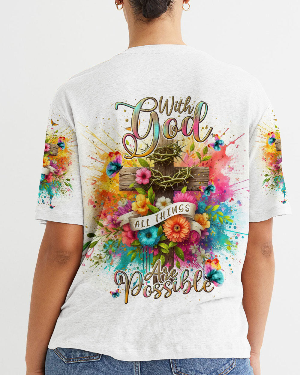With God All Things Are Possible Flower Cross Women's All Over Print Shirt - Tlnt3105242