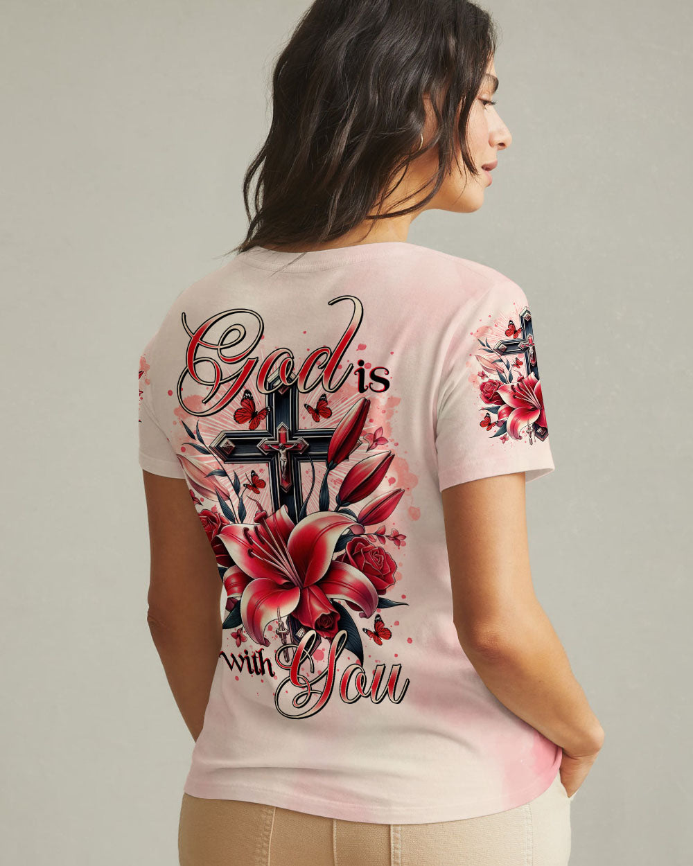 God Is With You Lilies Cross Women's All Over Print Shirt  -  Tltr0702252