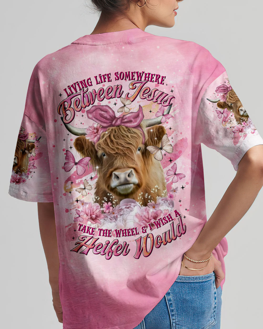 Living Life Somewhere Between Jesus Pink Cow Women's All Over Print Shirt - Tltr1202254