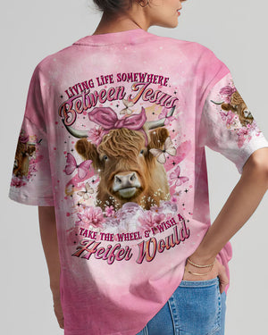 Living Life Somewhere Between Jesus Pink Cow Women's All Over Print Shirt - Tltr1202254