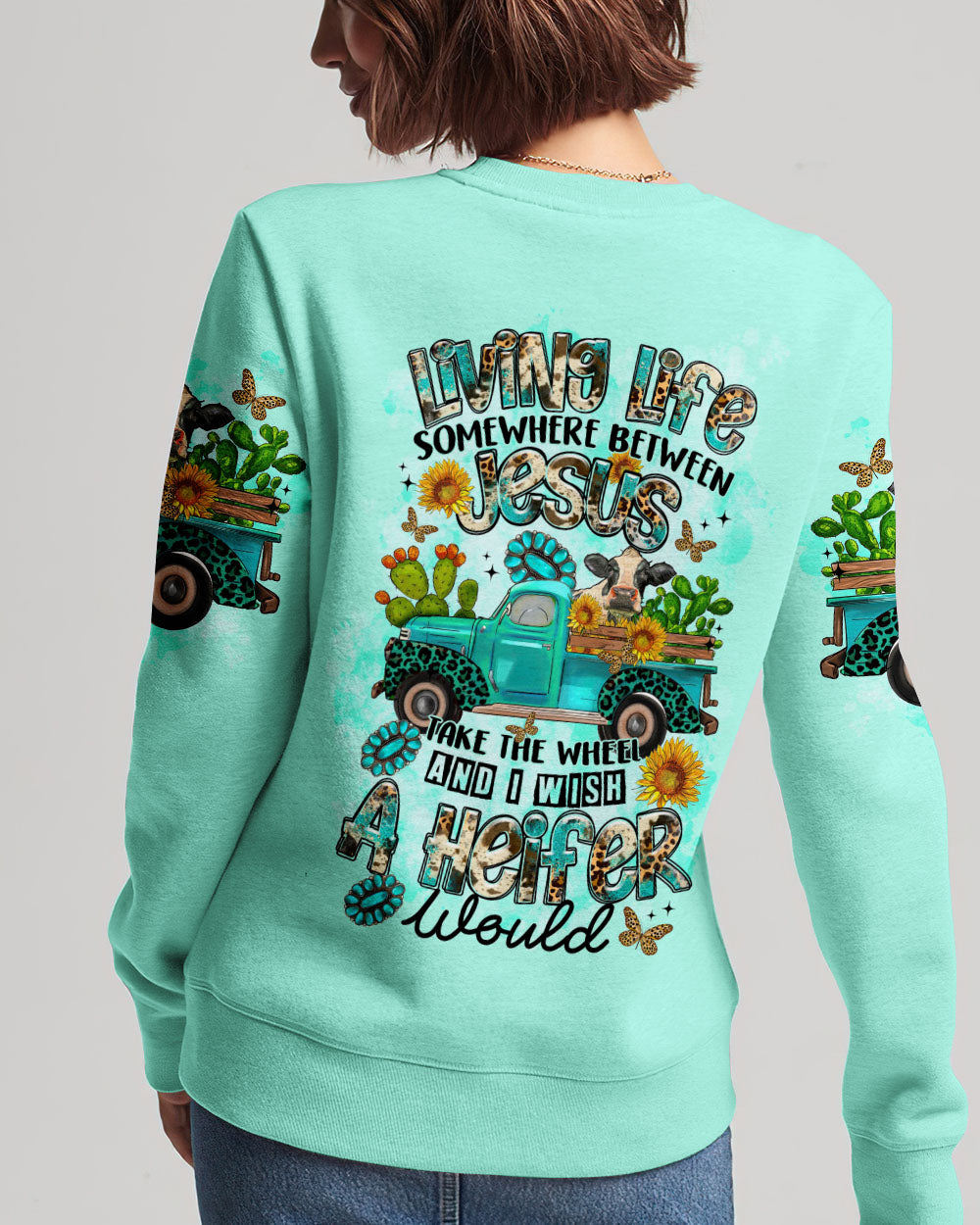 Living Life Somewhere Between Jesus Cow Truck Women's All Over Print Shirt - Tltr2203244