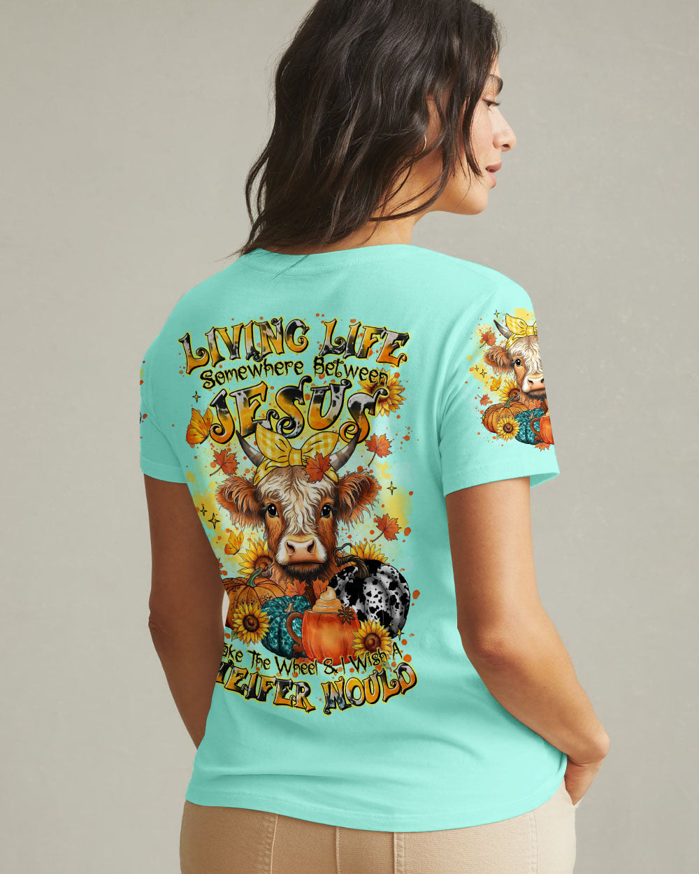 Living Life Somewhere Between Jesus Cow Autumn Women's All Over Print Shirt - Tltr2208242