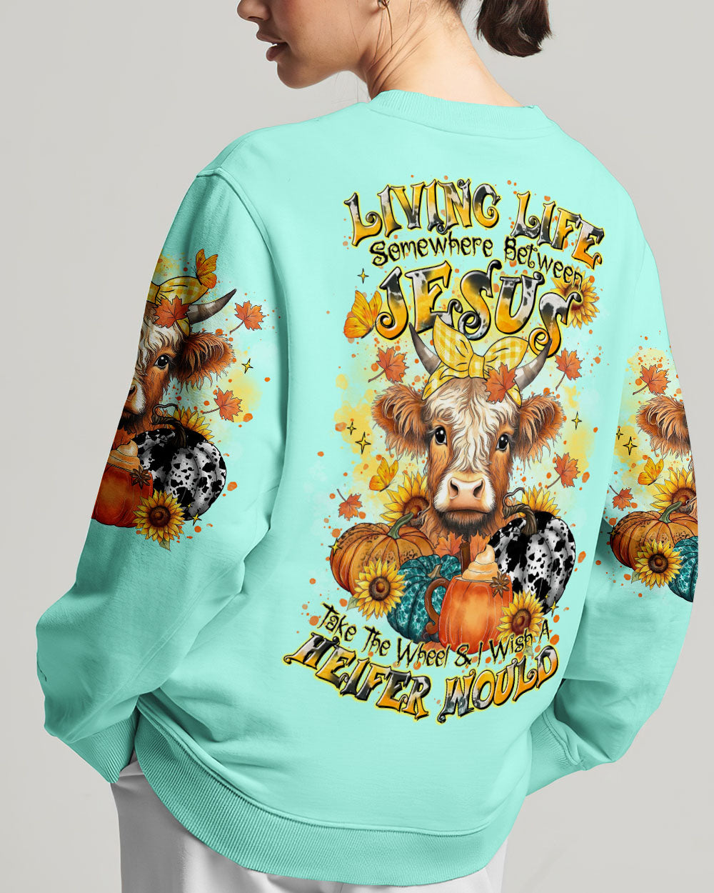 Living Life Somewhere Between Jesus Cow Autumn Women's All Over Print Shirt - Tltr2208242