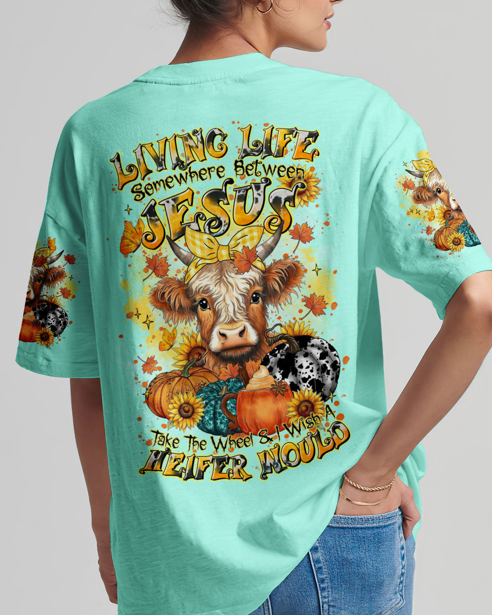 Living Life Somewhere Between Jesus Cow Autumn Women's All Over Print Shirt - Tltr2208242