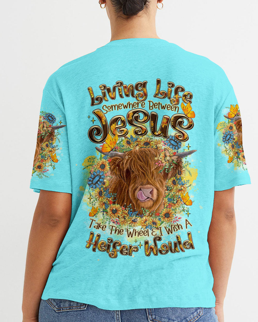 Living Life Somewhere Between Jesus Cow Women's All Over Print Shirt - Tltr2406241