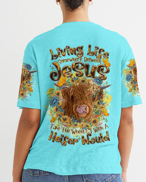 Living Life Somewhere Between Jesus Cow Women's All Over Print Shirt - Tltr2406241