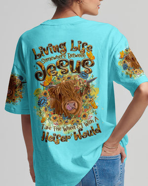 Living Life Somewhere Between Jesus Cow Women's All Over Print Shirt - Tltr2406241
