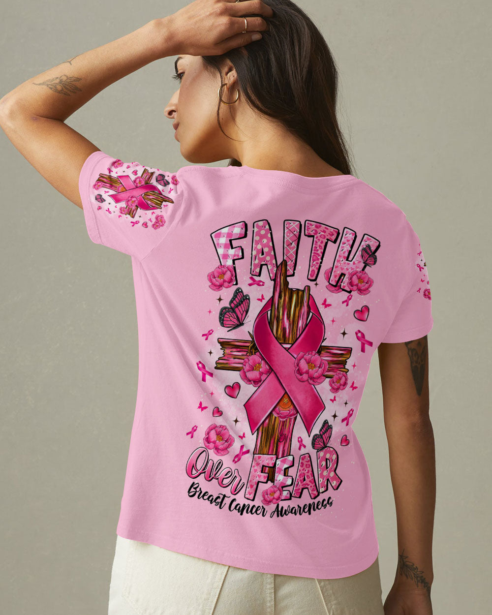 Faith Over Fear Breast Cancer Women's All Over Print Shirt   - Tltr2907252