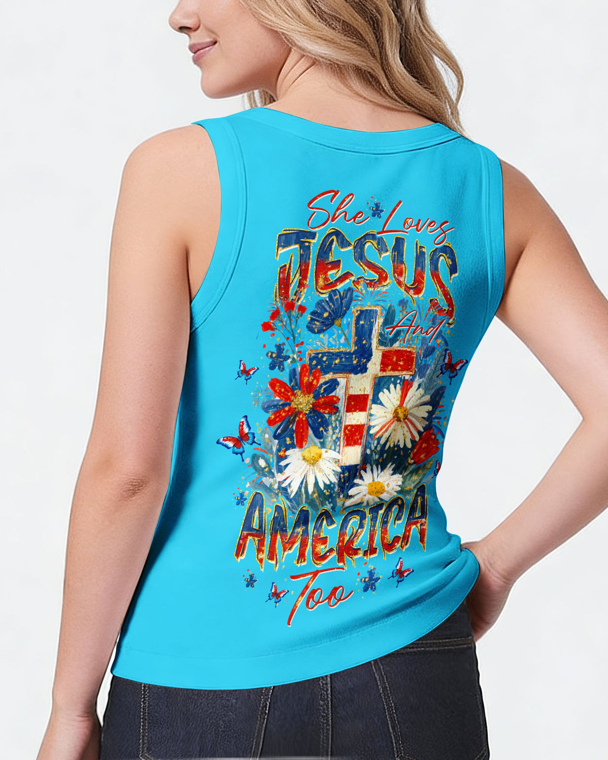 She Loves Jesus & America Too Red White & Blue Women's All Over Print   - Tltw0805261