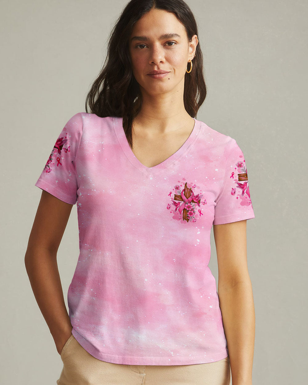 Let Your Faith Be Bigger Than Your Fear Hummingbird Breast Cancer Women's All Over Print Shirt - Tltw1108252