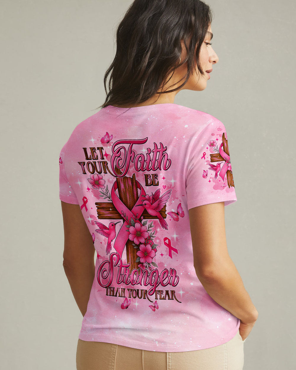 Let Your Faith Be Bigger Than Your Fear Hummingbird Breast Cancer Women's All Over Print Shirt - Tltw1108252