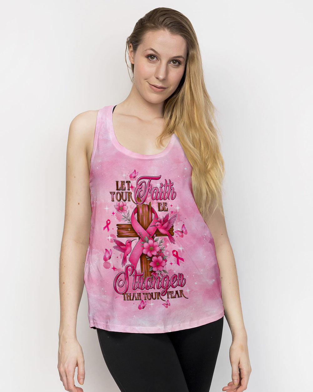 Let Your Faith Be Bigger Than Your Fear Hummingbird Breast Cancer Women's All Over Print Shirt - Tltw1108252